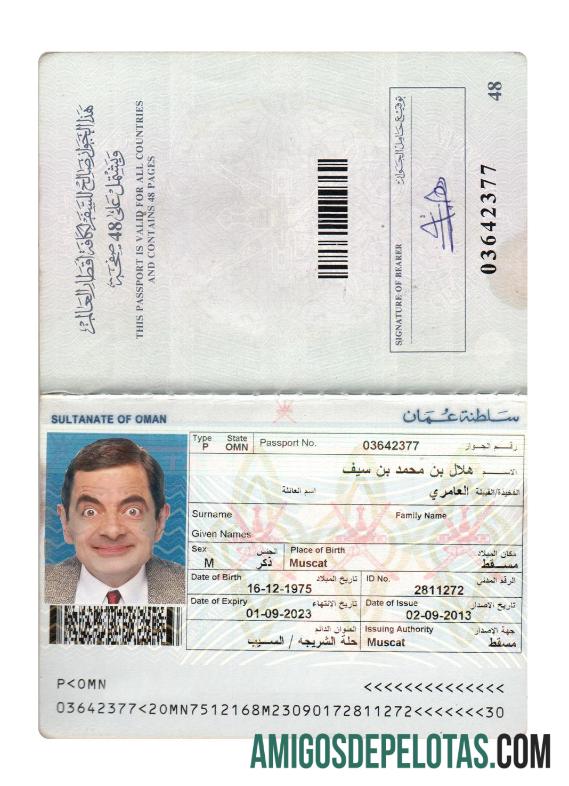 Passaporte de Omã 2023 presente exemplo